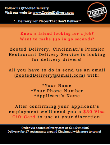 ZootedDelivery's tweet photo. $30 visa gift card for referring qualified, interested delivery drivers!

Contact us ZootedDelivery@gmail.com http://t.co/9Nn8rrSpUT