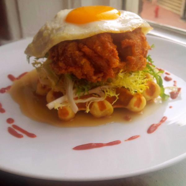 XL helping of #VA comfort: Fried Chix Leg, Bacon Waffle, Frisée, Egg, #VA Maple, <a href="/theKIMKIMSauce/">KIMKIM Sauce</a> @BrookvilleRest