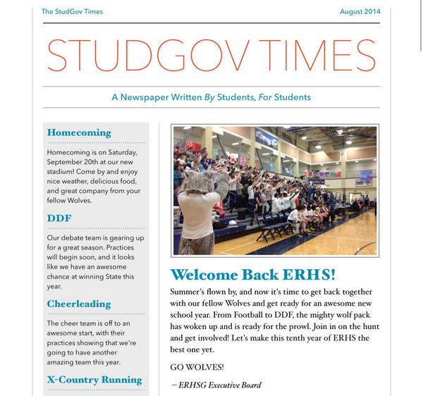 ERHSstudentgov's tweet photo. In a recent survey, 70% of students said they'd be interested in a student newspaper. Here's what it might look like! http://t.co/TEHqPuc4CL
