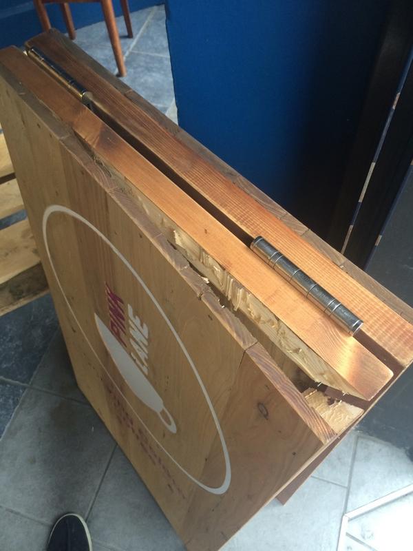 PinkLaneCoffee's tweet photo. .@GreggstheBakers staff just broke our new beautiful A board. Really classy guys. Helping our your neighbours. http://t.co/GXnX2j449X