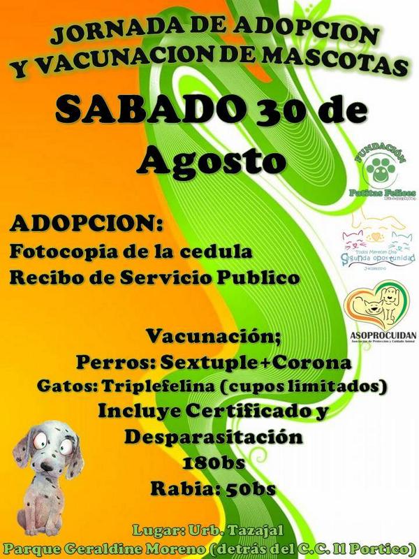 amigostazajal's tweet photo. Buenos días Vecinos los invitamos a la primera jornada de adopción d mascotas Sábado 30 d agosto parq Geraldin Moreno http://t.co/YIi6H4G9k5