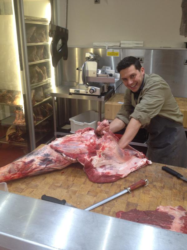 OrangeButcher's tweet photo. Test kitchen @ButcherBen1 in @GingerPigLtd Shoulder bf boning, seeming and cooking after! #flatiron #underblade http://t.co/HqTkoYn9J1
