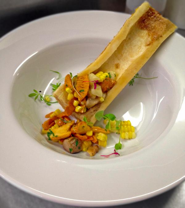 From our first Chef's Day Off dinner: bone marrow with corn, chanterelles, and potato dumpling. #seasonal #midwest