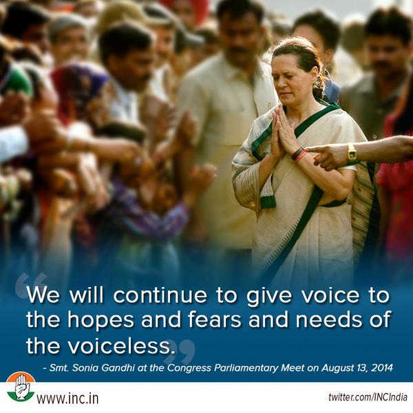 INCIndia's tweet photo. "We will continue to give voice to the hopes and fears and needs of the voiceless"- Smt. #SoniaGandhi http://t.co/xjNdoFk57q
