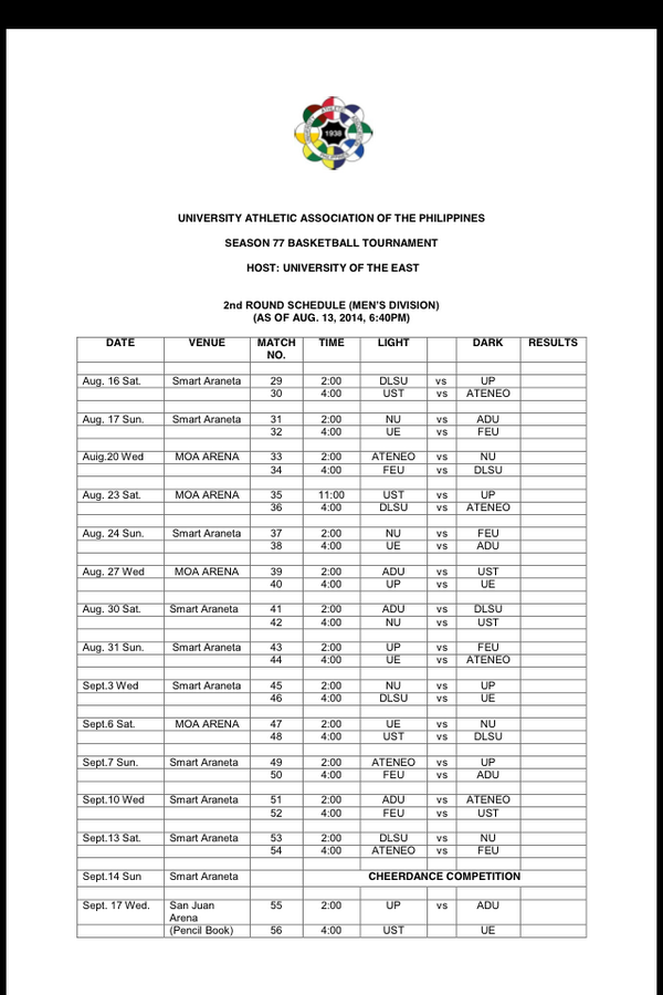 ADMU_BlueEagles's tweet photo. @UAAP_77: #UAAP77 Men's Srs. Basketball 2nd Round Schedule: http://t.co/Pd1DHg96ol"

#ADMUvsUST