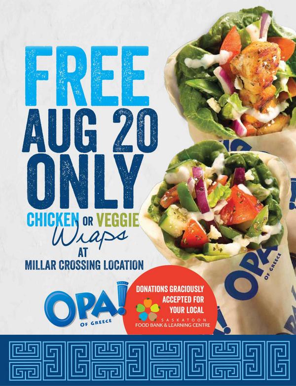 yxeFoodBank's tweet photo. @OPAofGreece opening in #yxe @ Miller Crossing! They're handing out free wraps &amp; collecting donations next Wed 11-6 http://t.co/sFmG9soiy9