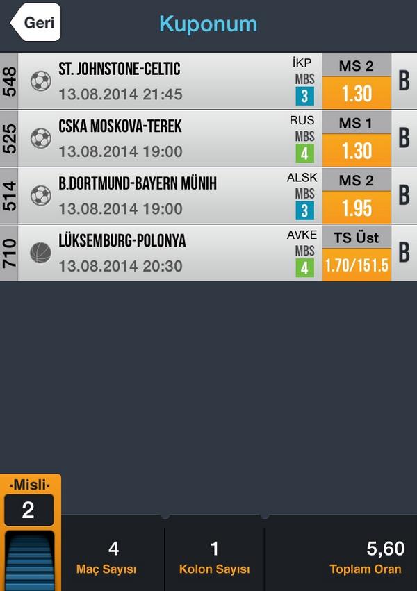 thequpon's tweet photo. 13.08.2014 bolşans bolkazanç THEQUPON=WON #iddaa #iddaakuponu #bet #misli http://t.co/Ajcrz7OTJ8