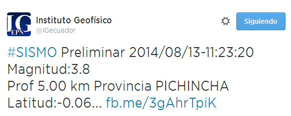 elcomerciocom's tweet photo. [LO ÚLTIMO] Según el @IGecuador el sismo registrado hace minutos (11:23) fue de magnitud 3.8 / #TemblorQuito http://t.co/jVbkWRnuZf