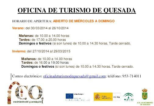 TurismoQuesada's tweet photo. Horario que tendra la oficina de turismo de #Quesada estais invitados. http://t.co/bLnZHyQnLL