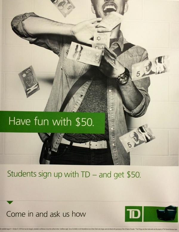 CathySleiman's tweet photo. A tous les étudiants visitez un succursale TD et obtenez 50$ #amusezavec50  
Back to school #FunWith50 http://t.co/Rf2hdWyeu0