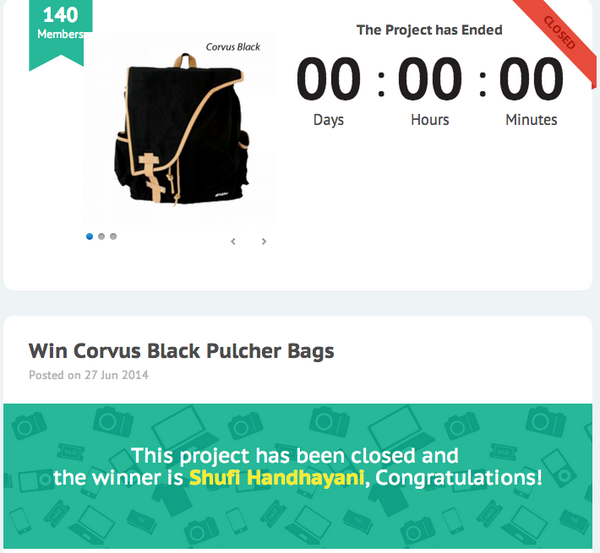 CONGRATULATIONS <a href="/shufi_/">ke(w)ibuan</a> adalah pemenang CORVUS BLACK <a href="/pulcherbag/">Pulcher Bags</a> Mohon konfirmasi dengan merchant project. Thank you!