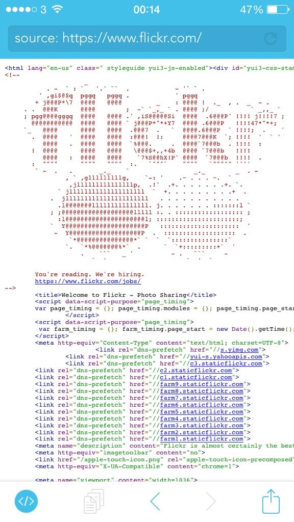 Srcfari's tweet image. Flickr.com posts job openings for web developers in the source code of their website. #AwesomeSource