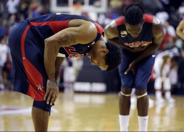 LegionHoops's tweet photo. Derrick Rose and Kenneth Faried react after Paul George's injury last night. Brutal. http://t.co/IXyhDVn1yX