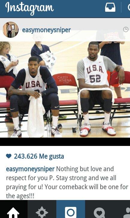 KDFansSpain's tweet photo. KD colgó anoche en Instagram esta foto tras la lesión de PG: #Respect #PrayForPaulGeorge http://t.co/krQ5vNKouh
