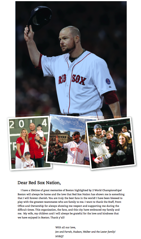 RedSoxLife's tweet photo. @JLester31 thanks Red Sox fans in Globe ad. Thank you right back Jon! Hope to see you back on the Sox in 2015. http://t.co/p5sttl8ejp