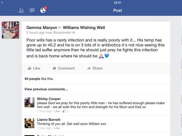 Poor William back in hospital with nasty infection! Keep fighting little man. Hope you are home soon. Xxx