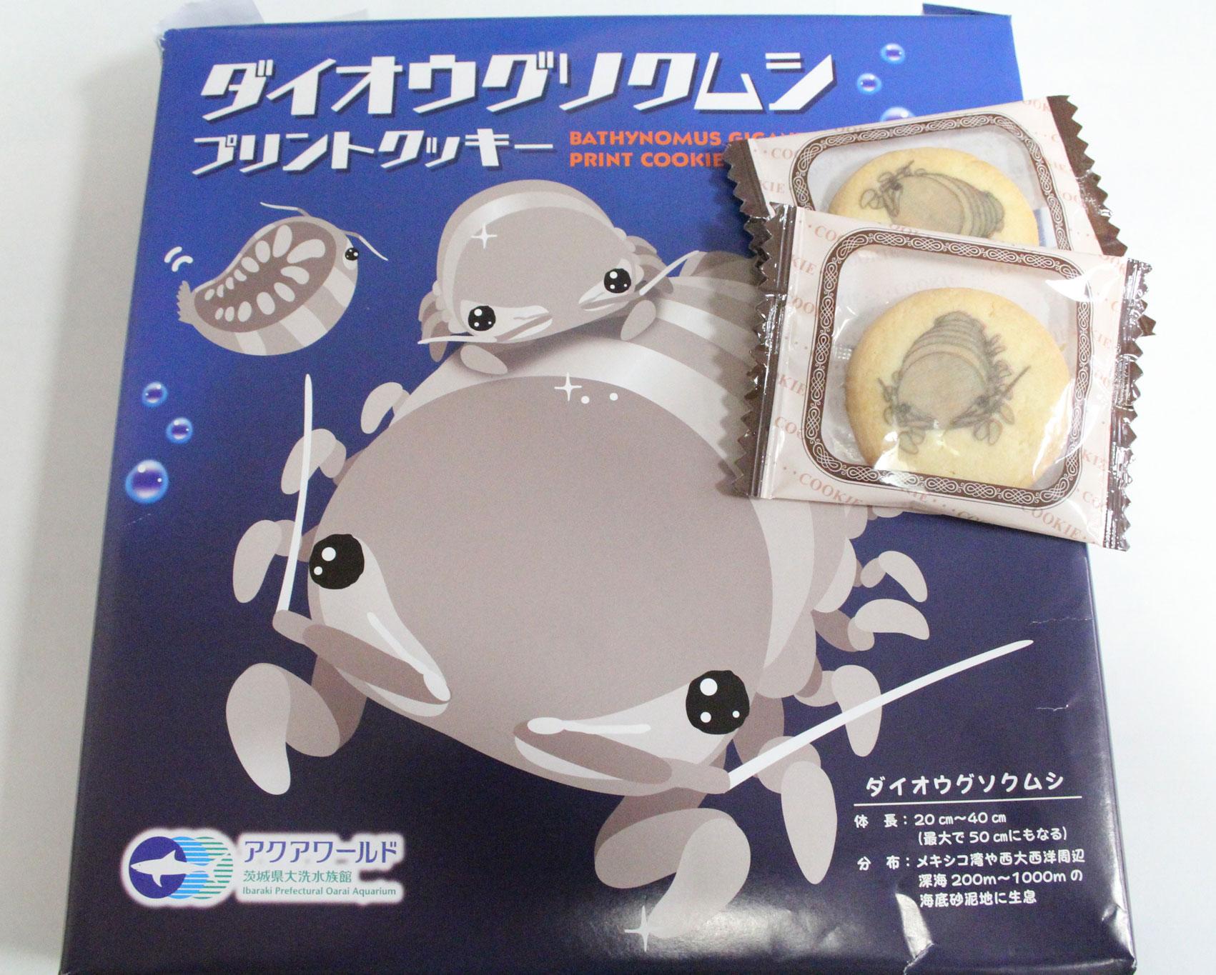 アクアワールド茨城県大洗水族館 かわいいダイオウグソクムシのイラスト入り ダイオウグソクムシプリントクッキー 一箱１４枚入り ５４０円で好評発売中 アクアワールド 大洗 オリジナルで 売り場のスタッフによると お土産にとっても大人気なんだ