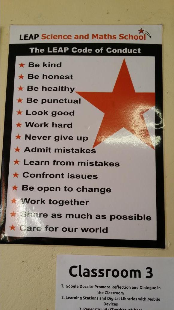 maggiev's tweet image. Leap schools code of conduct.  #edtechsummitsa