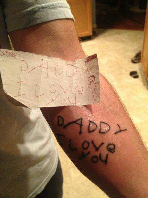 StumblerTop's tweet photo. This man's child died so he got the last drawing the kid did for him tattooed on his arm. Respect! http://t.co/6wSdkuuCbs