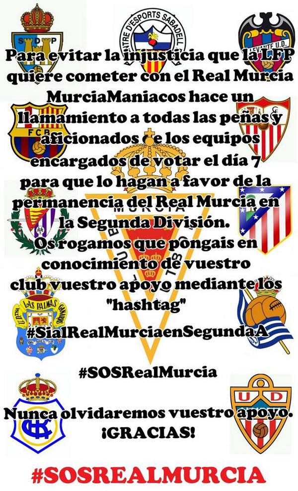 El murcianismo necesita urgentemente vuestro apoyo. Por favor haced RT. #SOSRealMurcia #SiAlRealMurciaEnSegundaA