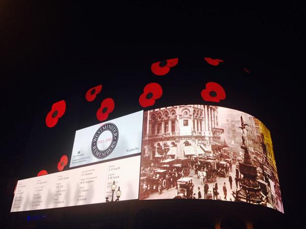 CityWestminster's tweet photo. The roll of honour has started at the famous Piccadilly Lights #WestminsterRemembers #LightsOut http://t.co/Y2yASZ55eE