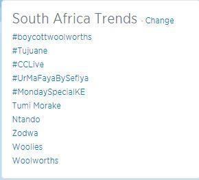 MRN1SA's tweet photo. SA Tweeps We Did It!!! #boycottwoolworths Trending at No 1 in South Africa @WOOLWORTHS_SA http://t.co/or86cqZxS8