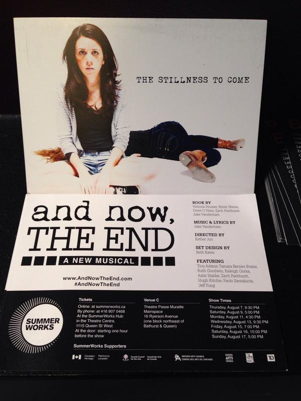 CarterEasler's tweet photo. Can't wait to see @AndNowTheEnd this Thursday at Theatre Passé Muraille! Tickets @SummerWorks .ca #newmusicals http://t.co/v8WFOdXlDe