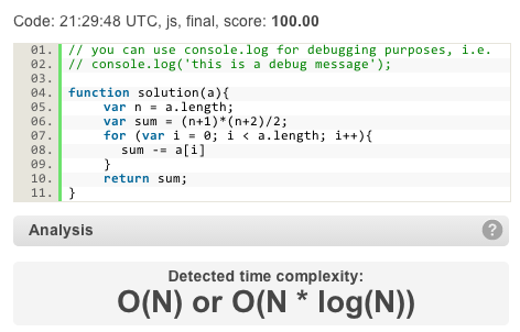 ajwinn's tweet photo. I borrowed from a C++ algo to get this @Codility test to work, but I don't understand it. Finds missing array item. http://t.co/ZmtSZZ6BEg