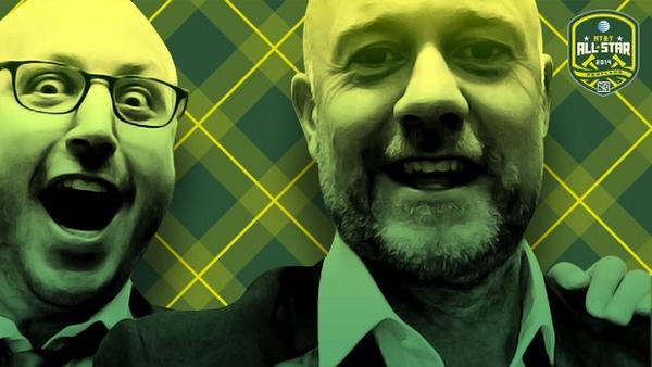 MLS's tweet photo. .@MenInBlazers are in the Rose City for a live podcast tonight. Stream at 9pm PT: http://t.co/lGKU2EGqu3 #MLSAllStar http://t.co/nrRbILXTsB