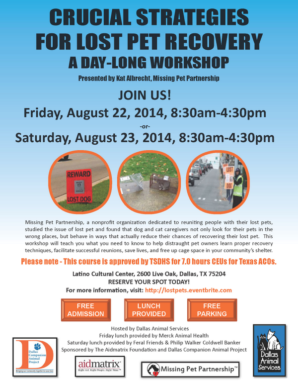 DallasAnimals's tweet photo. Lost Pet Workshop!! Please join us for this all day workshop. #GoodInfoToKnow #LookingForwardToSeeingYou http://t.co/DaAWtWuEO2