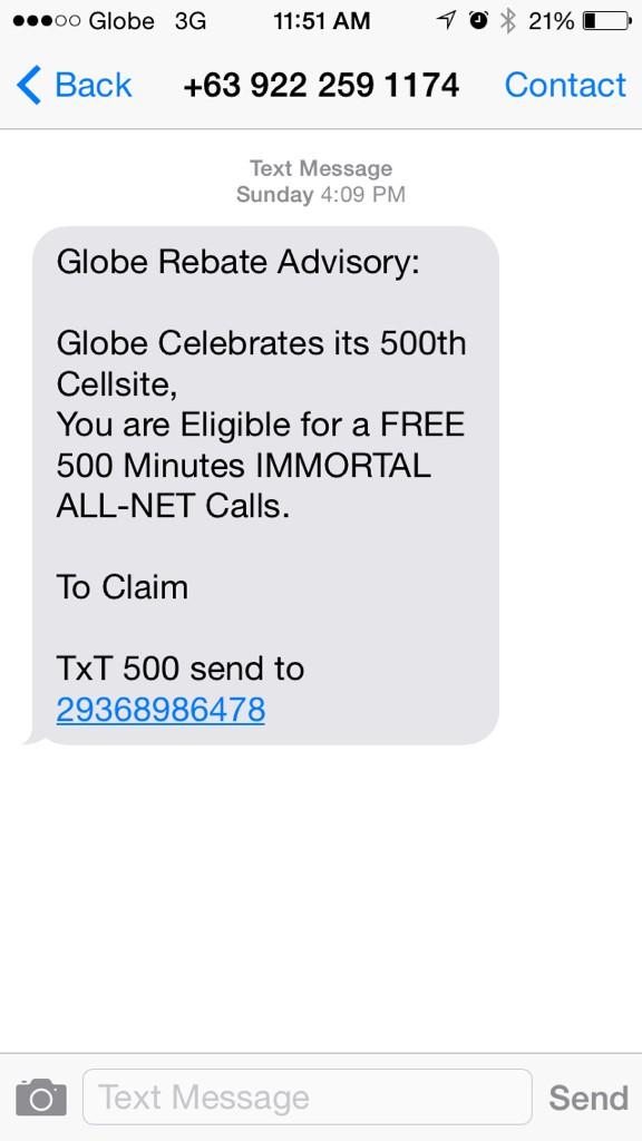 MonDeang's tweet photo. @talk2GLOBE Reporting another text scam. Please see screenshot. http://t.co/2fq2ZARBiG