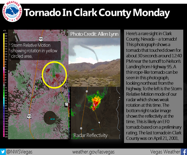 Rare tornado spotted outside of Las Vegas on Monday was the first to touch down in the area in 13 years - <a href="/NWSVegas/">NWS Las Vegas</a>