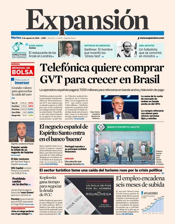 expansioncom's tweet photo. Buenos días, hoy en #PortadaExpansión : Telefónica quiere comprar GVT para crecer en Brasil http://t.co/fmgKpkWerd http://t.co/I6FqRBCqNJ
