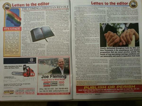 NLindigo's tweet photo. Disappointing  "@CurlewKJ: @TheNfldHerald #canqueer #nlpoli homophobic articles in a tv guide? Taken from a US blog? http://t.co/9DVicqIeMl"