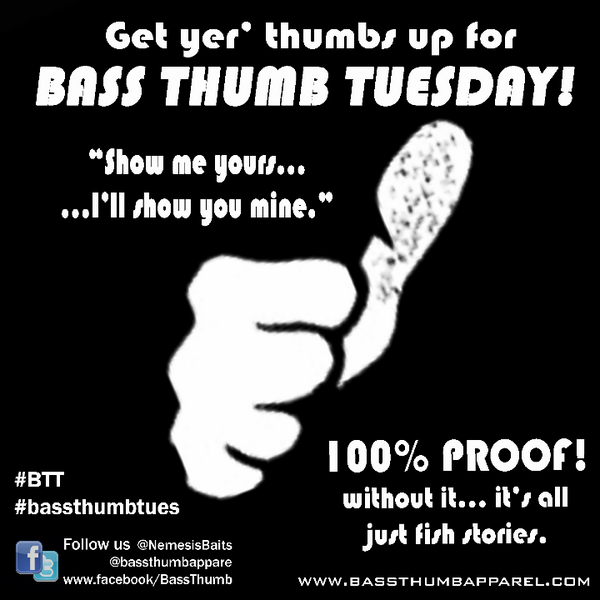 <a href="/WarDog_Lures/">WarDog_Lures</a> @BASS_nation @ShamrockFishing <a href="/ThundaDanV/">Daniel Vine</a> 1. RT Promo 2. Send pic of thumb or bass to <a href="/bassthumbappare/">BassThumbApparel</a>