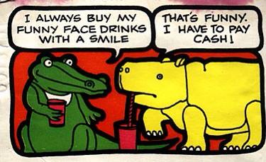 FunnyFaceFun's tweet photo. "I always buy my #FunnyFace drinks w/ a smile." "That's funny, I have to pay cash!" @FunnyFaceFun Retro Comics ^_^ http://t.co/7FbOXQs5bz
