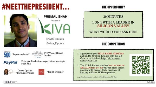 Kiva_Zippers's tweet photo. The top @HultSF lender to Jose on @kivazip gets to meet @premal 1 on 1! #meetthepresident https://t.co/V6tWFSveYn  http://t.co/Xhe7S6D8zi