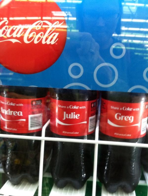 jfiamingo's tweet photo. Yep-this totally happened with no moving bottles around ( FYI-fledge's real name is Greg)! It's a sign #shareacoke http://t.co/3uhvjusfW2