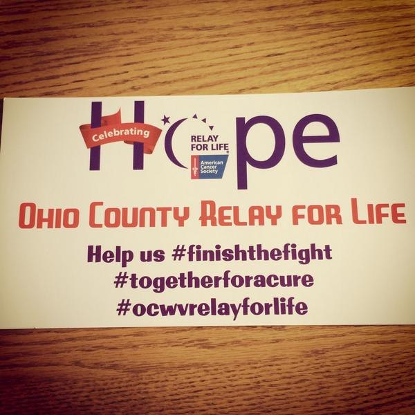 OhioCountyRFL's tweet photo. Ohio County Relay for Life is this Friday!! 1pm-1am, Wheeling Park Good Lake! Hope to see you there! http://t.co/XRiLkypaLA