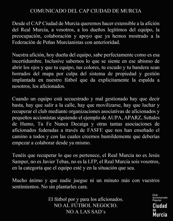 Comunicado del <a href="/CiudadDeMurcia/">CAP Ciudad de Murcia</a> en apoyo a los murcianistas
<a href="/feperealmurcia/">FEPEMUR</a> @realmurcia1919
capciudaddemurcia.com/web/12-noticia…