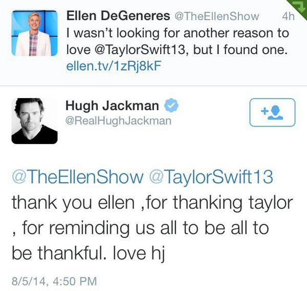 TT4Taylor's tweet photo. Hugh Jackman and Ellen love Taylor :) who doesn't?! http://t.co/xUJa5Z3Qok #bethankful http://t.co/9bHO0IvMXI