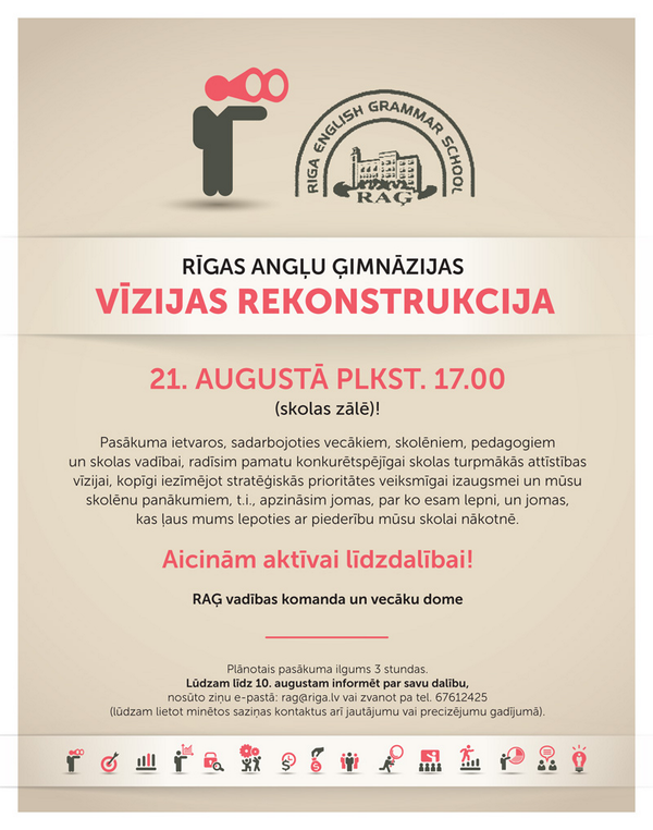 Skolēn, skolotāj, vecāku pārstāvi - nepalaid garām! RAĢ vīzijas rekonstrukcija 21.08., aicināti visi interesenti!