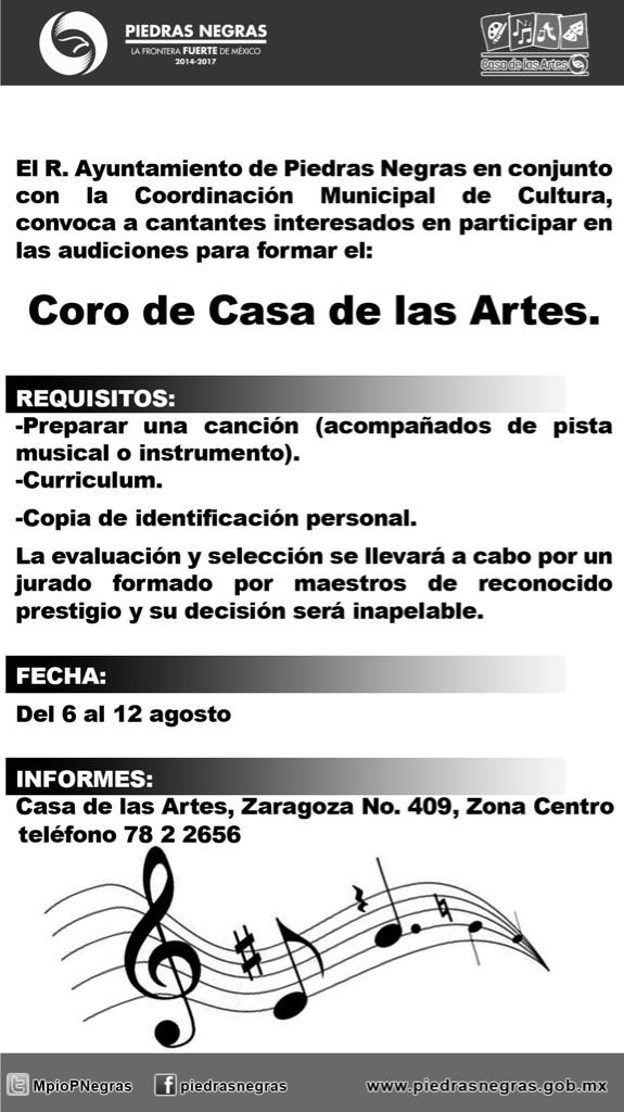 MpioPNegras's tweet photo. ¿Te gusta cantar? 
¡Participa! y se parte del "Coro de #CasaDeLasArtes" Aquí los requisitos @PURONJOHNSTON http://t.co/woANA7YoeM