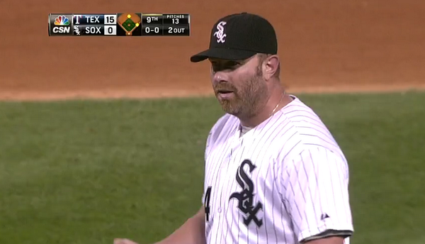 BleacherReport's tweet photo. VIDEO: Adam Dunn pitches in the 9th inning of the White Sox’s blowout loss to the Rangers http://t.co/6q8DESlQq3 http://t.co/DzyxidW7fJ