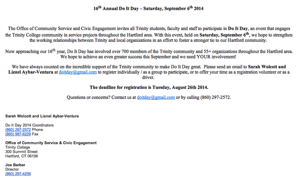 <a href="/DoItDay/">Do It Day</a> is on Sat. Sept. 6 <a href="/trinitycollege/">Trinity College</a> Here's how to sign up for #DOITDAY2014