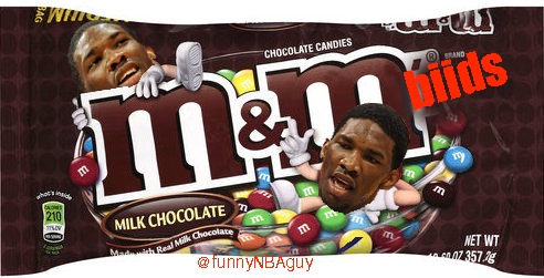 sixers's tweet image. *dead* RT @FunnyNbaGuy: .@Sixers M&amp;amp;Mbiids
#NBASweets 
@JoelEmbiid