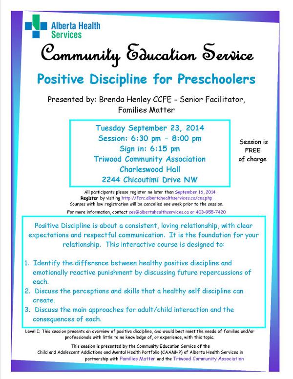 Sept 23 Positive Discipline for #Preschoolers. Register @ bit.ly/YpiI1Z . @familiesmatter <a href="/TriwoodC/">Triwood Community </a>