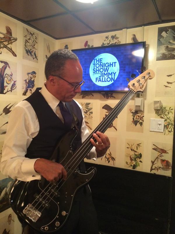 LesterHoltNBC's tweet image. Excited! Nervous!Rehearsing backstage before joining @theroots as guest bass player on @FallonTonight