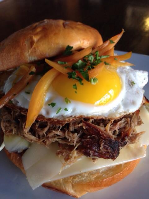 FickleLA's tweet photo. Lunch special tomorrow- Dr Pepper Pulled Pork Sandwich w/coleslaw, pickled onions, swiss, &amp; fried egg http://t.co/LGx4lIbreI