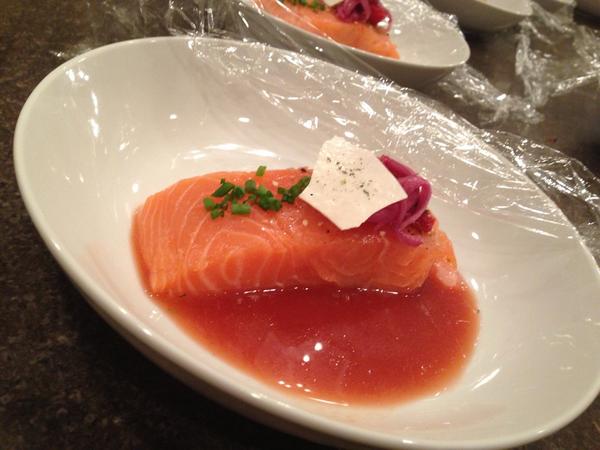 charQterie's tweet photo. Brined and gently cooked steelhead, everything bagel broth ,toasted sesame ,crispy cream cheese, smoked to order http://t.co/ldCX08O2cd